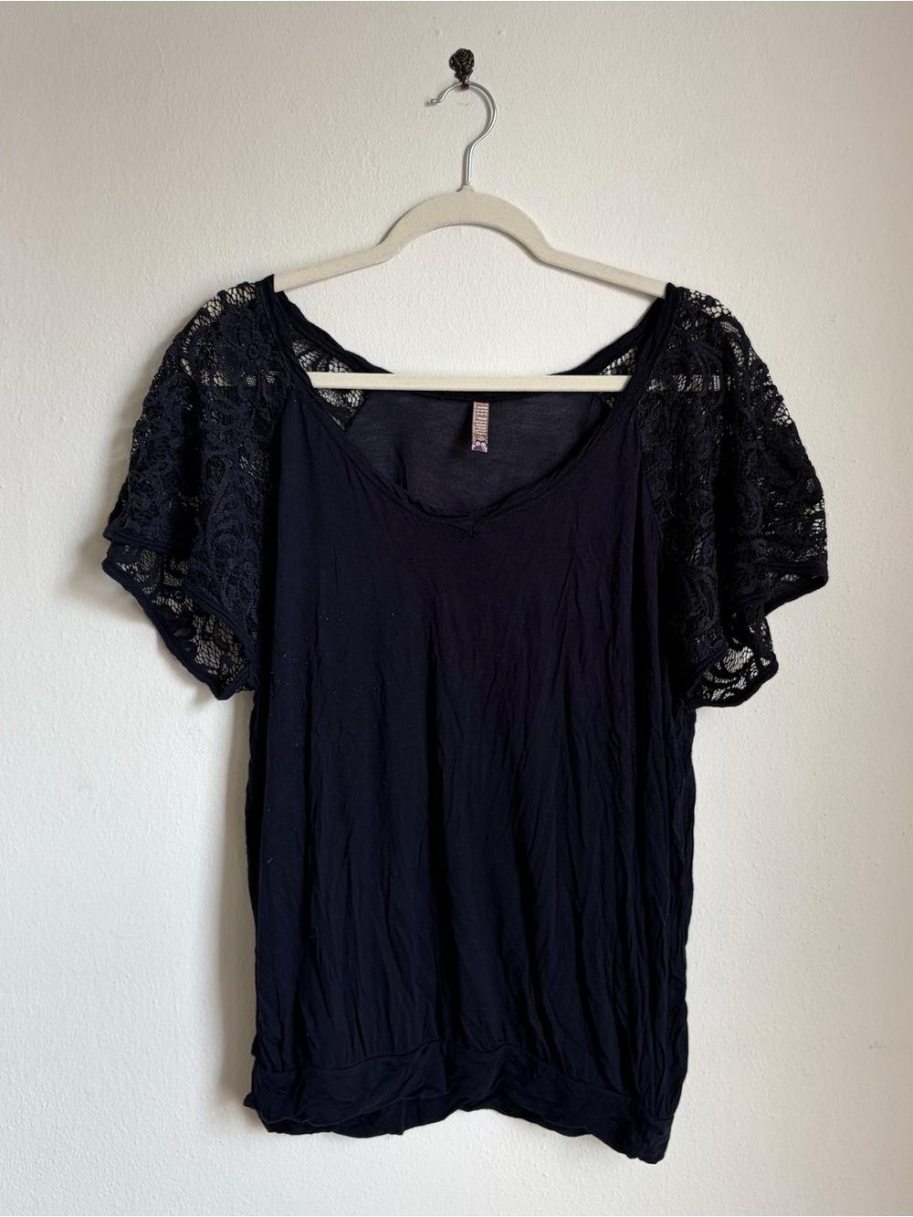 Free People Navy Lace Sleeve Blouse Top
